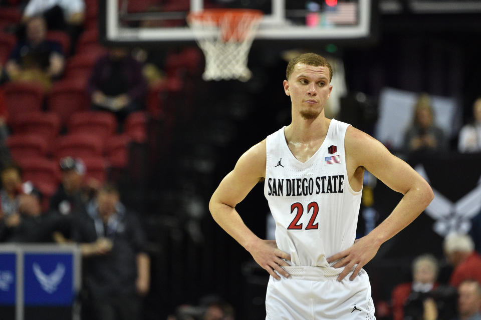 Malachi Flynn #22 of the San Diego State Aztecs looks on against the Air Force Falcons during a quarterfinal game of the Mountain West Conference basketball tournament at the Thomas & Mack Center.