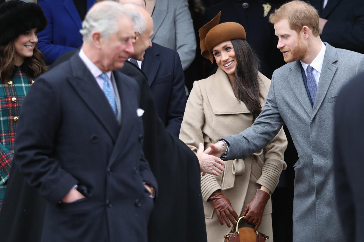 KING'S LYNN, ENGLAND - DECEMBER 25:  Prince Charles; Prince of Wales Catherine, Duchess of Cambridge, Meghan Markle and Prince Harry attend Christmas Day Church service at Church of St Mary Magdalene on December 25, 2017 in King's Lynn, England.  (Photo by Chris Jackson/Getty Images)