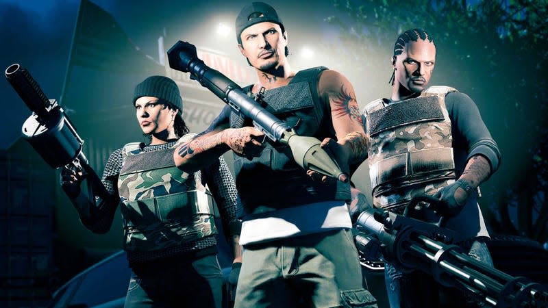 A screenshot shows a group of GTA Online players standing together with guns. 