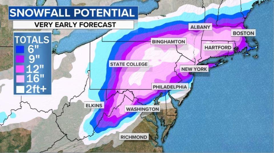 Depicted is a very early snowfall total forecast for Wednesday and Thursday. The zone of heaviest snowfall will likely shift some as the event nears. / Credit: CBS News