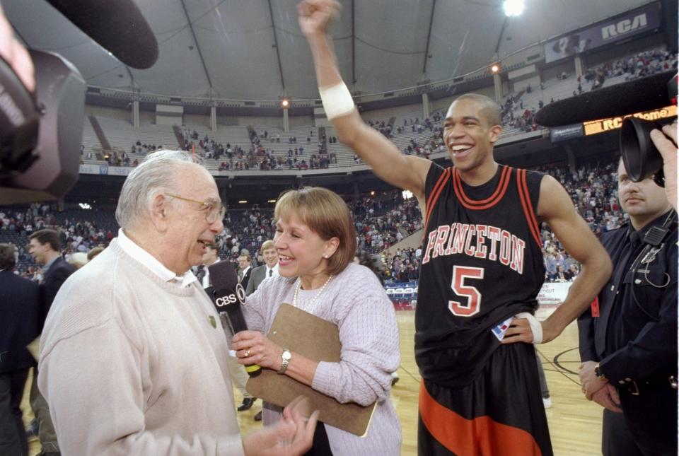 Princeton coach Pete Carril is interviewed after his team defeated UCLA in the first round of the 1996 NCAA tournament.