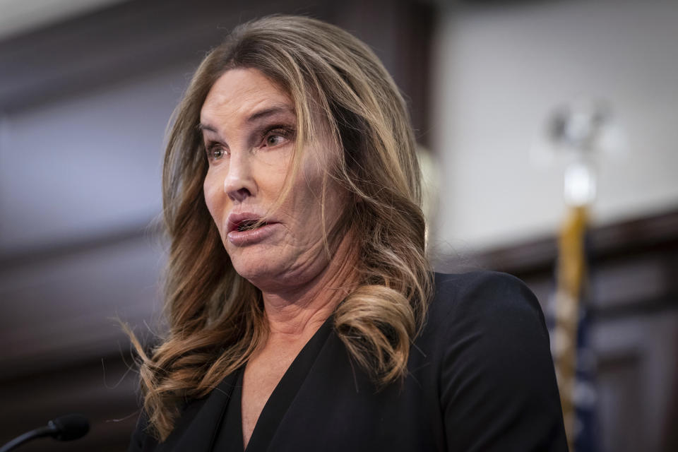 Caitlyn Jenner speaks at a press conference, Monday, March 18, 2024, in Mineola, N.Y. The former Olympic gold medalist threw her support behind a local New York official’s order banning female sports teams with transgender athletes from using county-owned facilities. (AP Photo/Stefan Jeremiah)