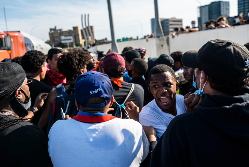 Thousands of protesters had been marching over the bridge on both lanes before the truck ploughed through. Source: Getty