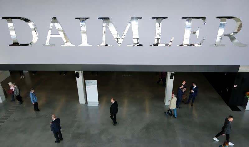 The Daimler logo is seen before the Daimler annual shareholder meeting in Berlin,