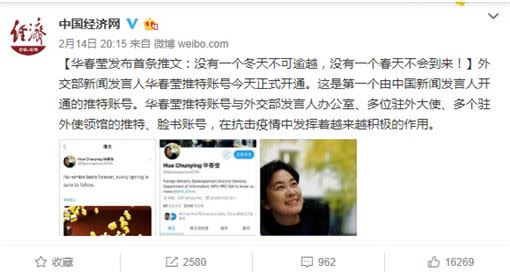 中國經濟網也大力宣傳華春瑩的推特帳號。（圖／翻攝自PTT）