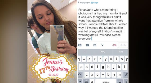 Jenna Fluegeman defended her original tweet over her Snapchat filter gift. Source: Twitter/Jenna Fluegeman