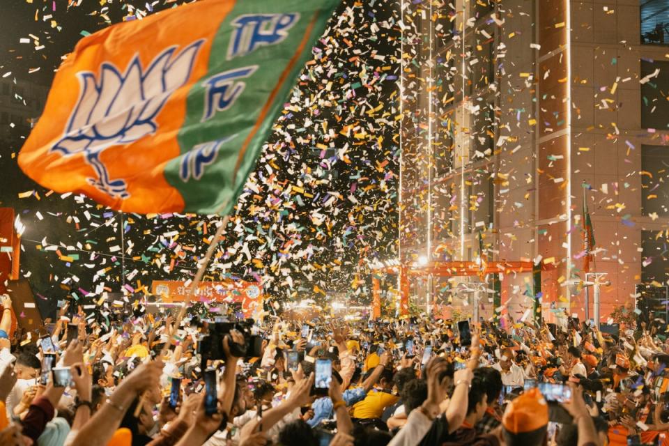 India’s Prime Minister, Narendra Modi, speaks to his supporters after the election result announcement at his party’s headquarter on 4 June 2024 (Getty Images)