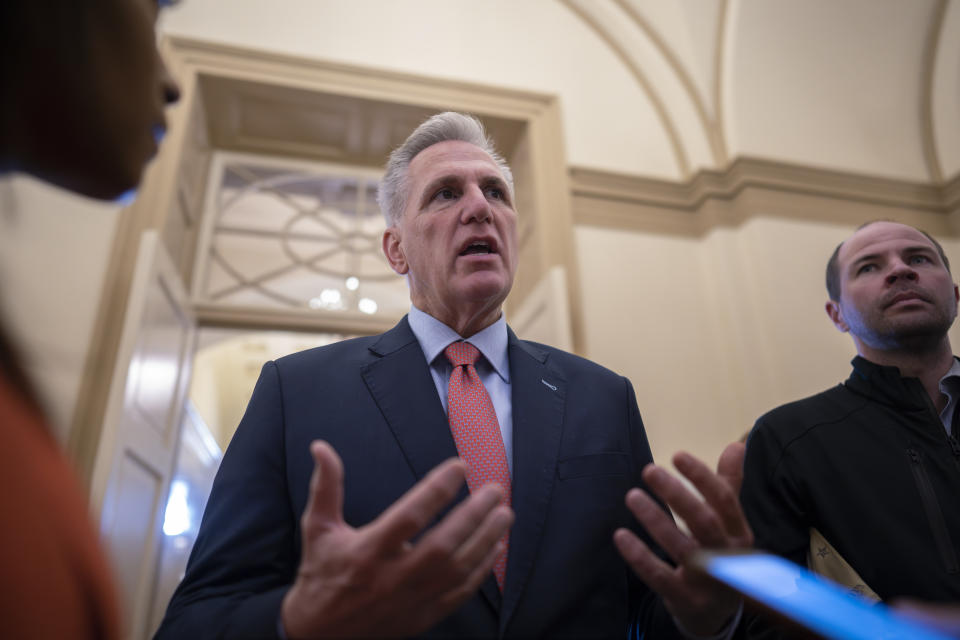 Speaker of the House Kevin McCarthy, R-Calif., speaks to reporters at the Capitol in Washington, Wednesday, May 24, 2023. (AP Photo/J. Scott Applewhite)