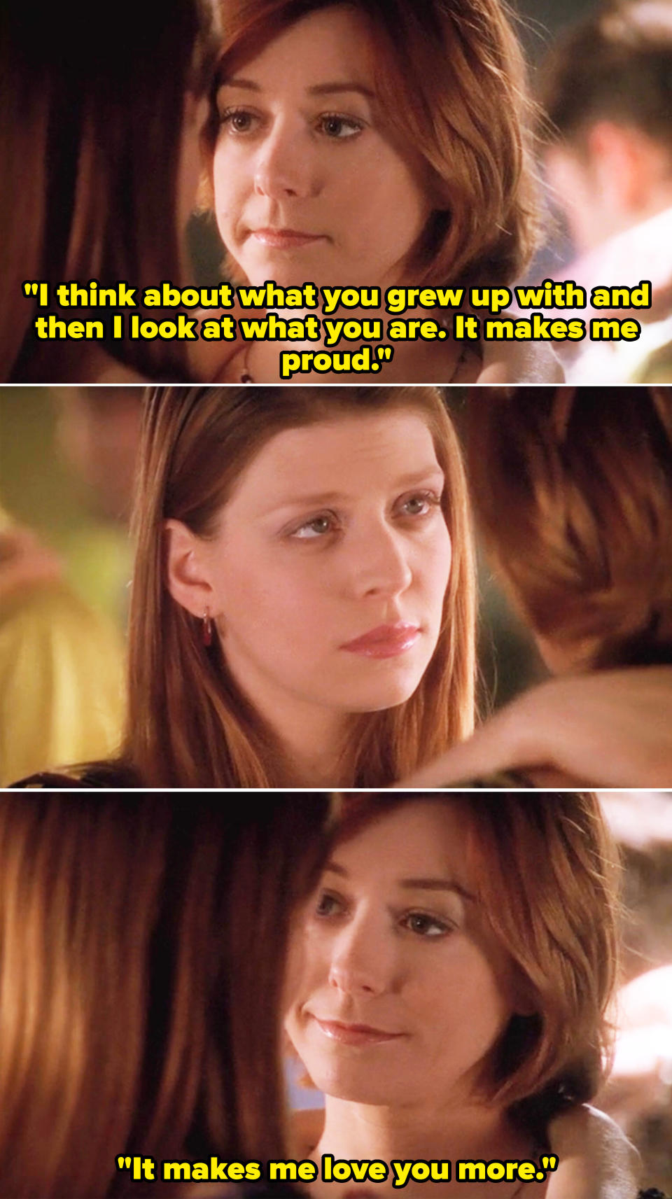 Alyson Hannigan and Amber Benson in an emotional scene from a TV show, facing each other closely in a conversation