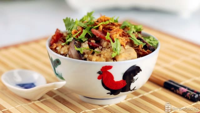 Claypot Fragrant Yam rice with Chicken dish served in traditional Chinese rice bowl