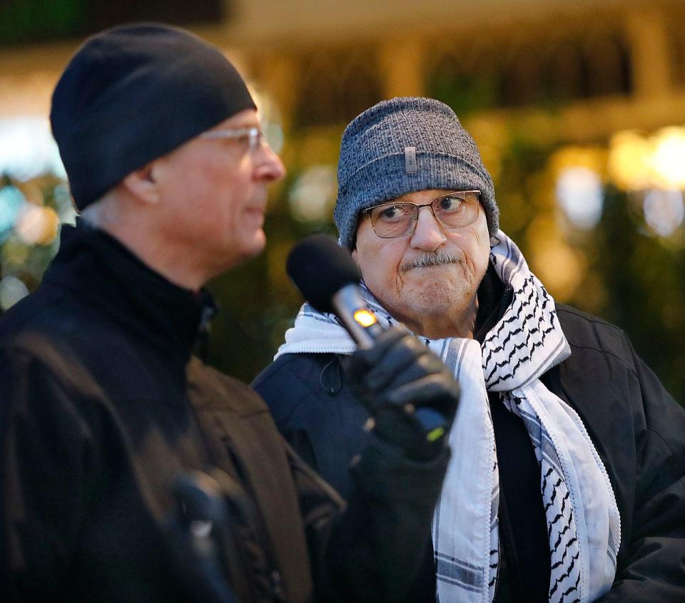 Mohammed El Sharafi of Braintree, a Palestinian by birth joins with Joe Herosy to announce a protest rally in Braintree next week.
A small group of protesters gathered in Quincy Square to voice support of a cease fire in the Israeli war on Gaza Wednesday Nov. 15, 2023