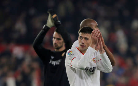 Soccer Football - Spanish King's Cup - Quarter Final Second Leg - Sevilla vs Atletico Madrid - Ramon Sanchez Pizjuan, Seville, Spain - January 23, 2018 Sevilla’s Clement Lenglet applauds fans after the match REUTERS/Jon Nazca