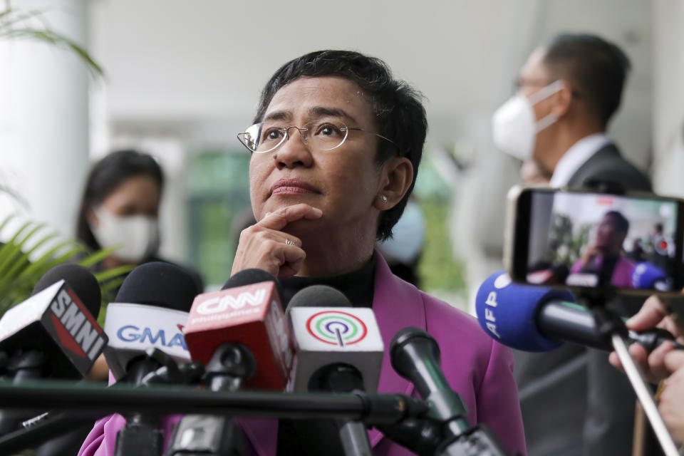 Filipino journalist Maria Ressa, one of the winners of the 2021 Nobel Peace Prize and Rappler CEO, speaks to the media after a court decision at the Court of Tax Appeals in Quezon City, Philippines Wednesday, Jan. 18, 2023. The tax court on Wednesday cleared Ressa and her online news company of tax evasion charges she said were part of a slew of legal cases used by former President Rodrigo Duterte to muzzle critical reporting. (AP Photo/Basilio Sepe)