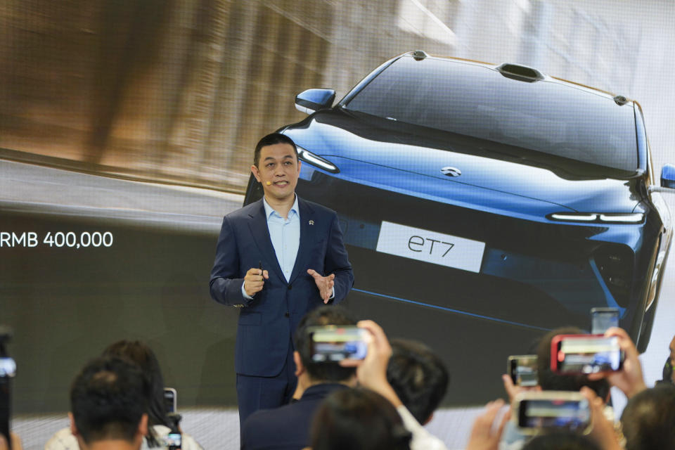 Founder and CEO of the electric car manufacturer Nio, William Li speaks during a press conference at the opening China Auto Show in Beijing, China, Thursday, April 25, 2024. (AP Photo/Tatan Syuflana)