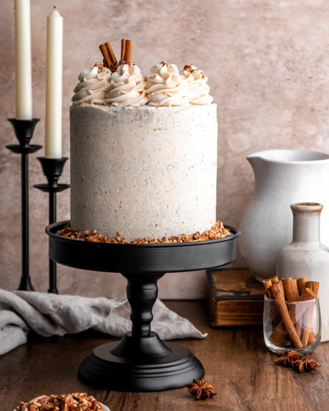 <p>In Bloom Bakery</p><p>Sweet and tender maple pecan layer cake full of chopped pecans, frosted and filled with decadent brown butter buttercream.</p><p><strong>Get the recipe: <a href="https://inbloombakery.com/maple-pecan-layer-cake/" rel="nofollow noopener" target="_blank" data-ylk="slk:Maple Pecan Layer Cake;elm:context_link;itc:0;sec:content-canvas" class="link ">Maple Pecan Layer Cake</a></strong></p>