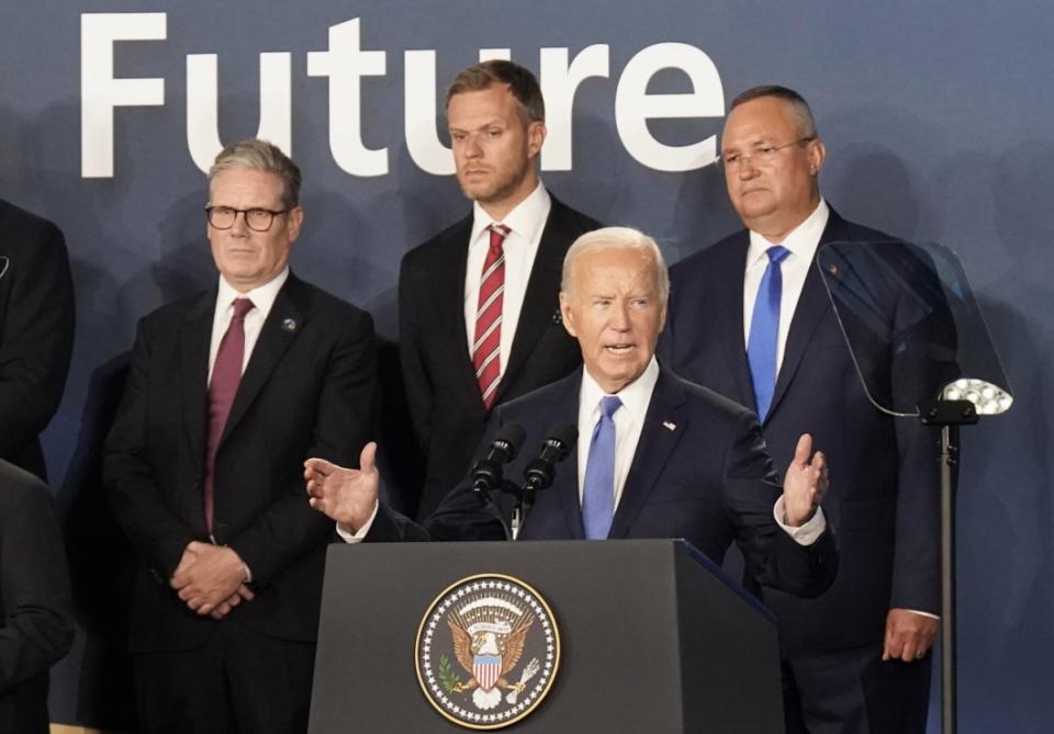 Prime Minister Sir Keir Starmer (left) looks on as US President Joe Biden speaks, where he introduced Ukrainian president Volodymyr Zelensky as "President Putin" during the closing ceremony, at the Nato 75th anniversary summit at the Walter E. Washington Convention Center, in Washington DC, US. (Stefan Rousseau/PA Wire)