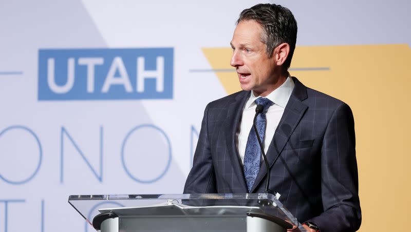 Derek Miller, president and CEO of the Salt Lake Chamber, speaks at the 2022 Utah Economic Outlook & Public Policy Summit at the Grand America in Salt Lake City on Thursday, Jan. 13, 2022.