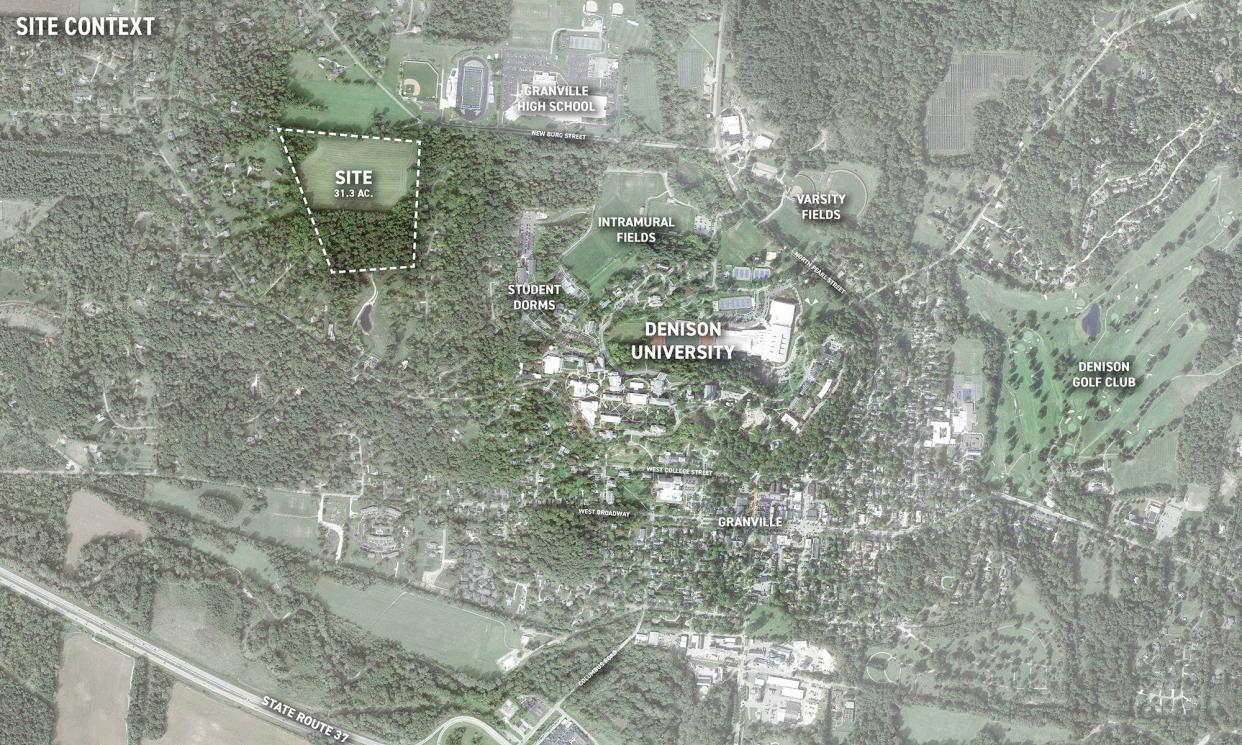 A site map shows the a 31-acre site, outlined with a dotted line, where Denison University is seeking to build up to 70 units of faculty housing.