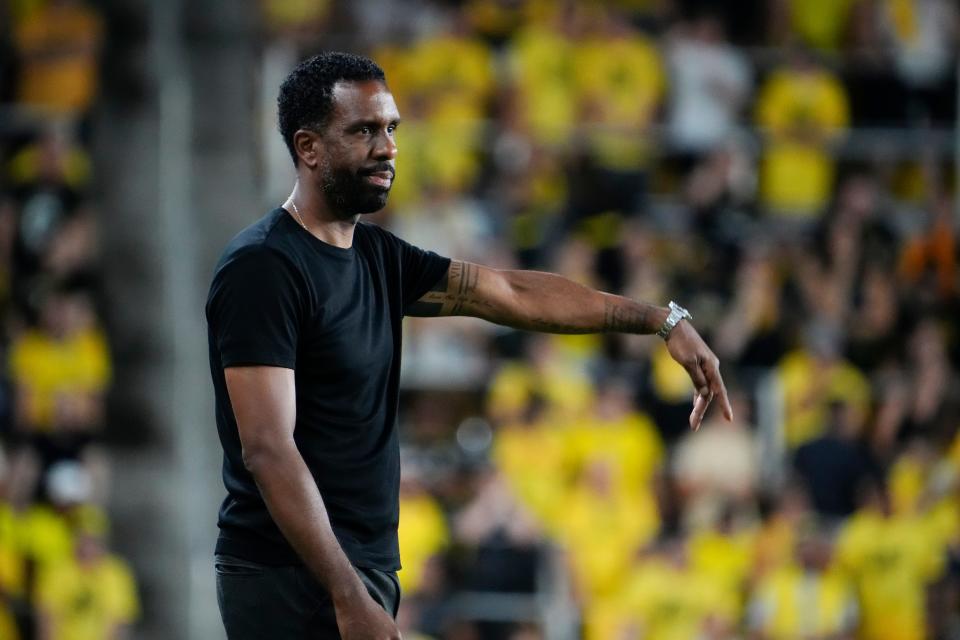 Crew coach Wilfried Nancy reacts during Saturday's game against New York City.