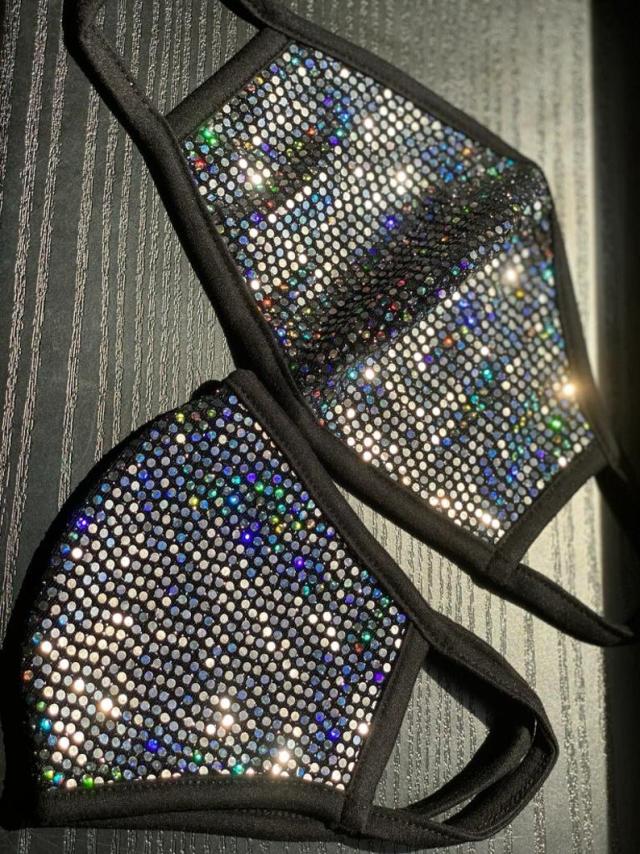 Fashion Mask (Mesh Black/Iridescent Rhinestones) In Stock