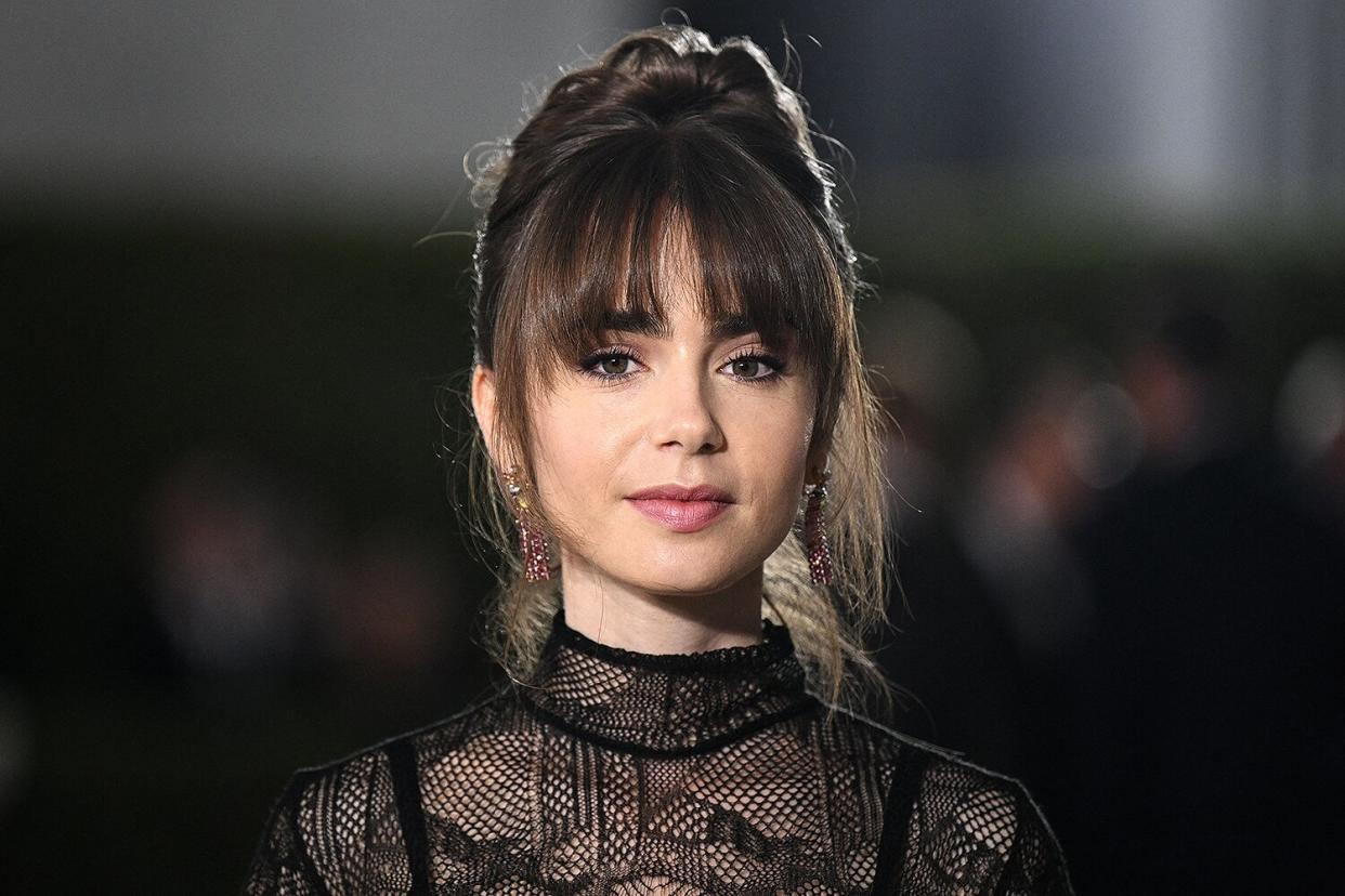 US-British actress Lily Collins arrives for the 2nd Annual Academy Museum Gala at the Academy Museum of Motion Pictures in Los Angeles, October 15, 2022.