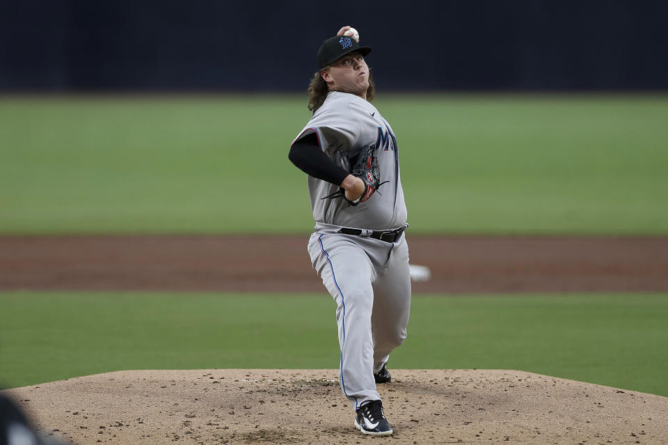 Miami Marlins starting pitcher Ryan Weathers throws to the plate during the first inning of a baseball game against the San Diego Padres, Monday, Aug 21, 2023, in San Diego. (AP Photo/Brandon Sloter)