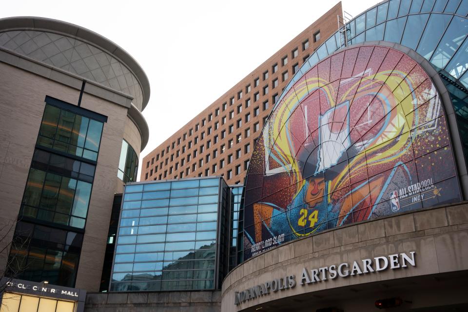 NBA All-Star art is displayed on the windows of the Indianapolis Artsgarden on Thursday, Feb. 1, 2024, in Indianapolis.