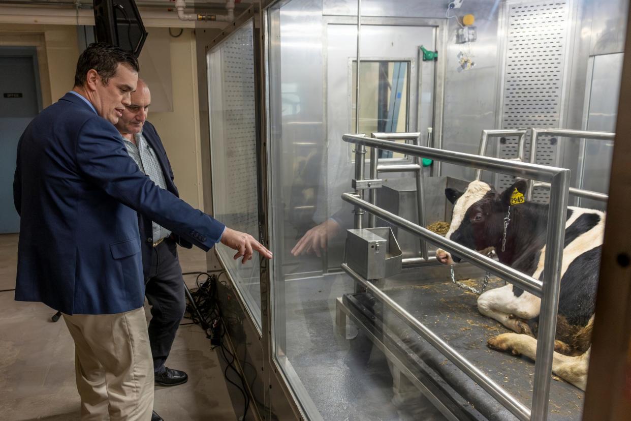 Joe McFadden, associate professor of dairy cattle biology, Cornell University College of Agriculture and Life Sciences, and Guillermo Schroeder, R&D Director, Cargill discuss the new cow methane measurement facility.