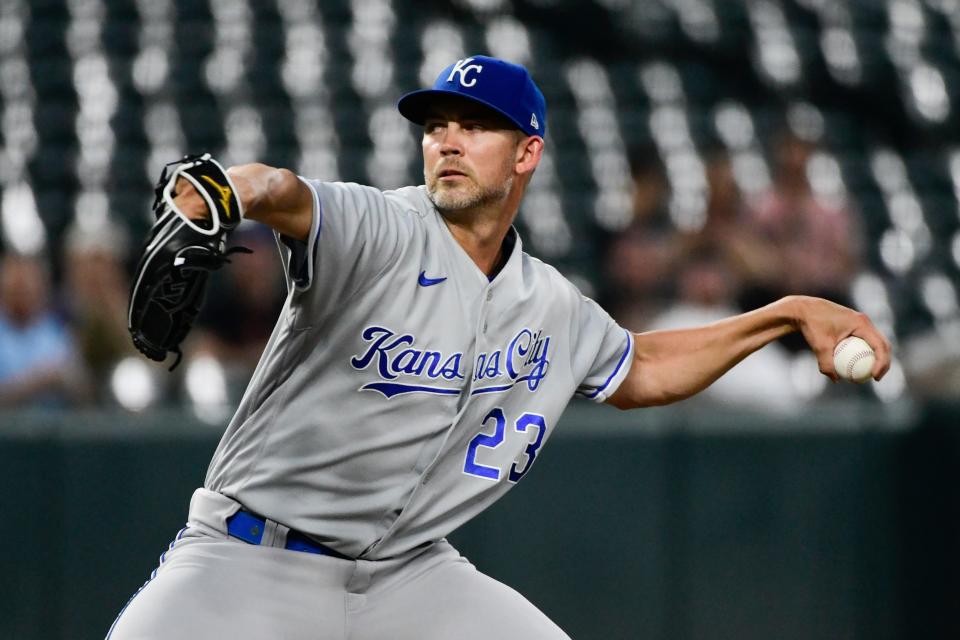Kansas City Royals starting pitcher Mike Minor (23) delivers second  inning pitch against the Baltimore Orioles, Sept. 8, 2021, at Oriole Park at Camden Yards.