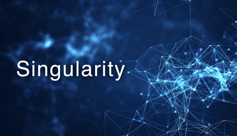 SoftBank CEO Masayoshi Son believes we're approaching a point in which AI will far exceed human intelligence. A slide from his investor presentation displays the word "singularity."