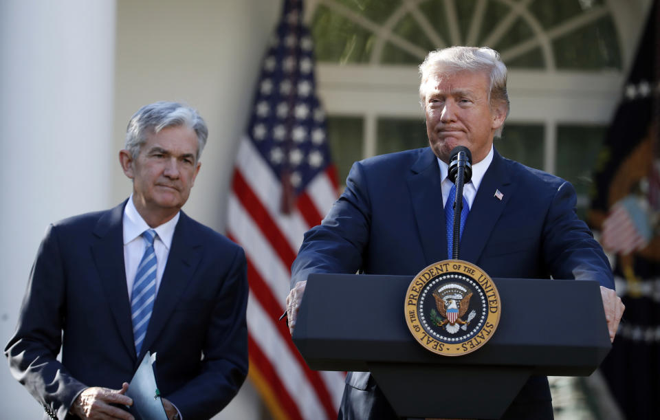 FILE - In this Nov. 2, 2017, file photo President Donald Trump announces Federal Reserve board member Jerome Powell as his nominee for the next chair of the Federal Reserve in the Rose Garden of the White House in Washington. Trump is keeping up his attacks on Federal Reserve Chairman Powell, saying he “made” Powell but now would like to trade him in for Mario Draghi, the head of the European Central Bank. (AP Photo/Alex Brandon, File)