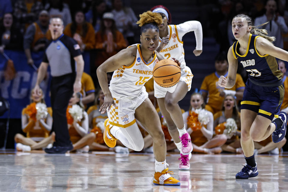 Tennessee guard Jasmine Powell (15) drives the ball upcourt in the first half of a second-round college basketball game against Toledo in the NCAA Tournament, Monday, March 20, 2023, in Knoxville, Tenn. (AP Photo/Wade Payne)