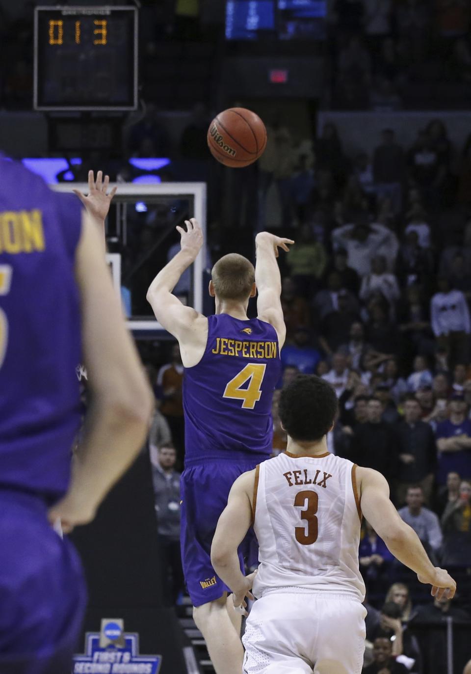 FILE - Northern Iowa guard Paul Jesperson shoots a buzzer-beater to win the game for Northern Iowa against Texas in a first-round men's college basketball game in the NCAA Tournament in Oklahoma City, March 18, 2016. Northern Iowa won 75-72. (AP Photo/Sue Ogrocki, File)