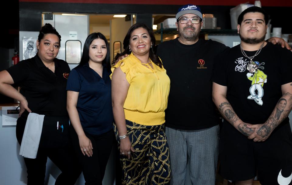 From left, servers Marlyn Nunez and Jocelyn Millan, owner Cynthia Lopez, next to her husband, chef David Arzola, and their nephew, chef Freddy Marquez are shown at Victoria's Steakhouse and Mexican Grill's newest location at 14021 Pebble Hills Blvd.