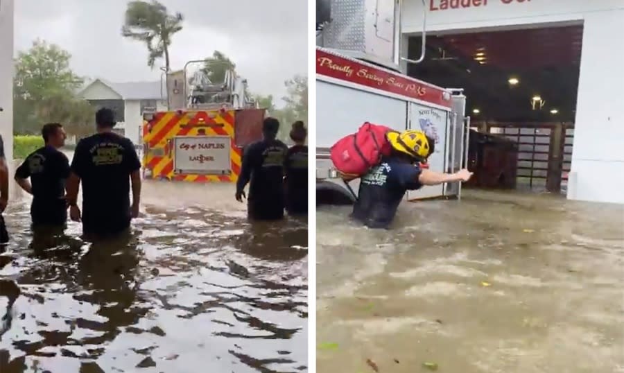 These images provided by the Naples Fire Rescue Department show firefighters looking out at the firetruck and retrieving gear after the storm surge from Hurricane Ian on Wednesday, Sept. 28, 2022 in Naples, Fla. (Naples Fire Department via AP)