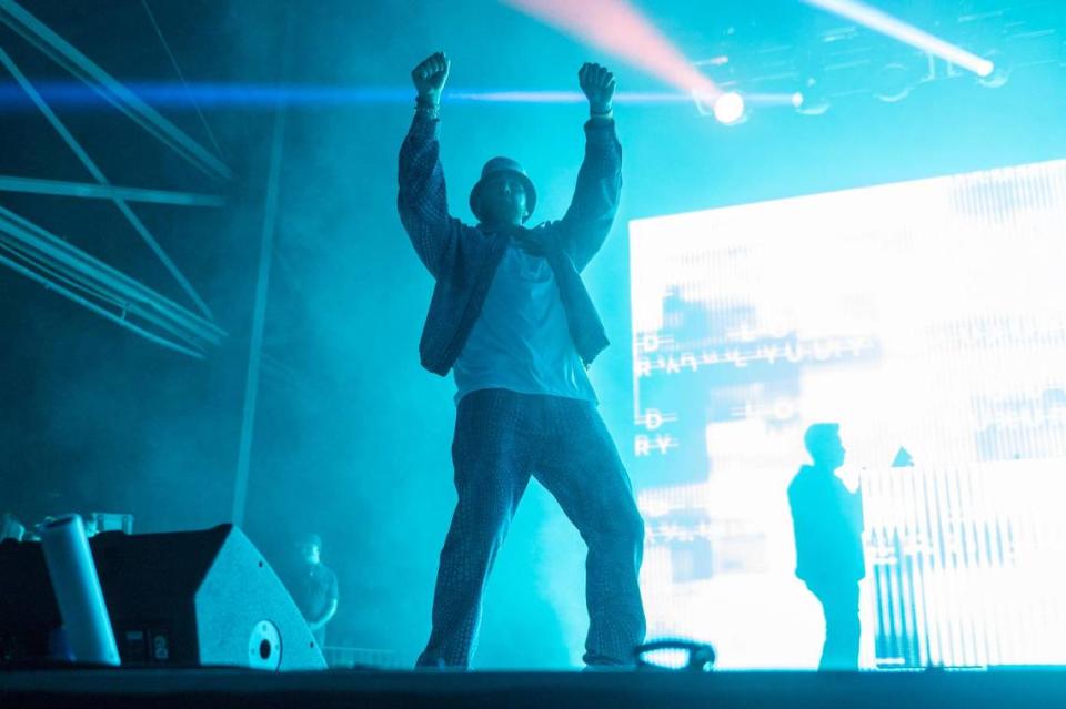 Travis Kelce dances on stage while Loud Luxury performs during Kelce Jam at the Azura Amphitheater on Friday, April 28, 2023, in Bonner Springs.