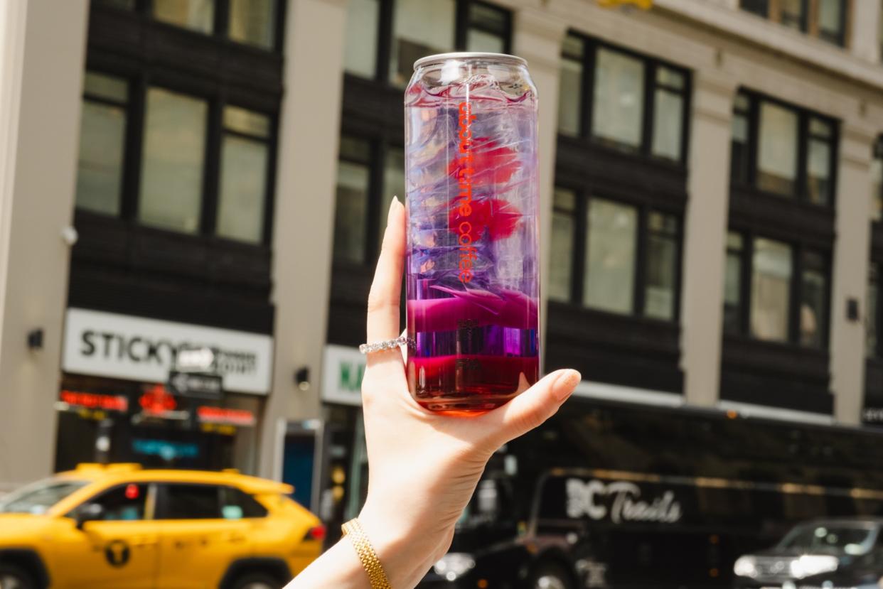 The limited edition Purple Rain cold beverage arranged at About Time Coffee in New York, US, on Tuesday, May 9, 2023. (Lanna Apisukh/Bloomberg)