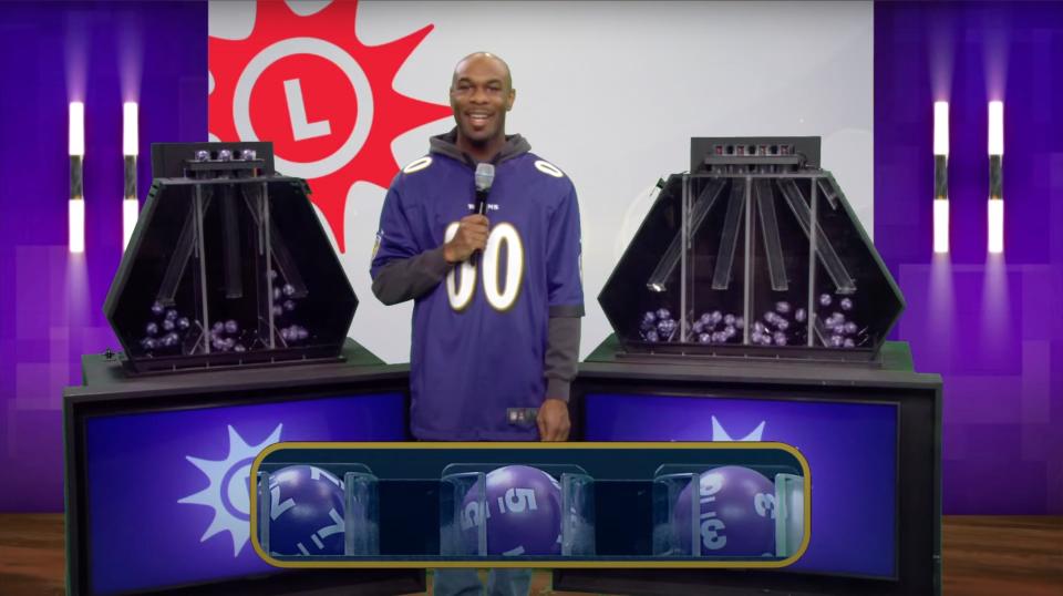This image from a Maryland State Lottery YouTube video shows Jared Michael Swain hosting the lottery's Pick 3 midday drawing on Friday, Dec. 16.
