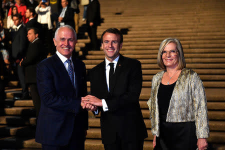 President of France Emmanuel Macron meets Australia's Prime Minister Malcolm Turnbull and his wife Lucy Turnbull at the Sydney Opera House, Australia May 1, 2018. AAP/Mick Tsikas/via REUTERS