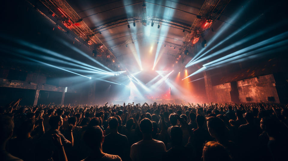 A group of people in a large music venue, enjoying a vibrant concert.