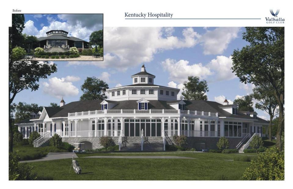 A before-and-after image shows the changes that will be made to the clubhouse at Valhalla Golf Club in Louisville ahead of the 2024 PGA Championship. Valhalla is a Jack Nicklaus-designed golf course that opened in 1986.
