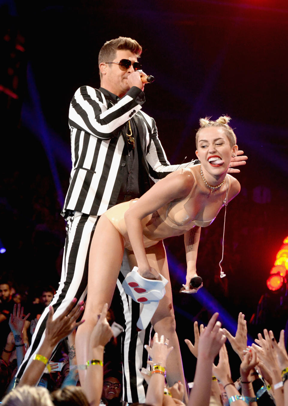 NEW YORK, NY - AUGUST 25:  Robin Thicke and Miley Cyrus perform during the 2013 MTV Video Music Awards at the Barclays Center on August 25, 2013 in the Brooklyn borough of New York City.  (Photo by Jeff Kravitz/FilmMagic for MTV)