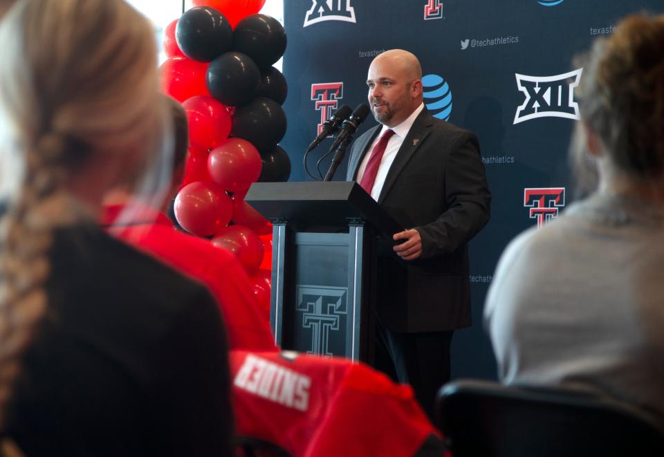 Texas Tech introduces Craig Snider as the school’s new head softball coach, Thursday, June 23, 2022, at the North Endzone Club at Jones AT&T Stadium. Snider was previously an assistant coach at Texas A&M.