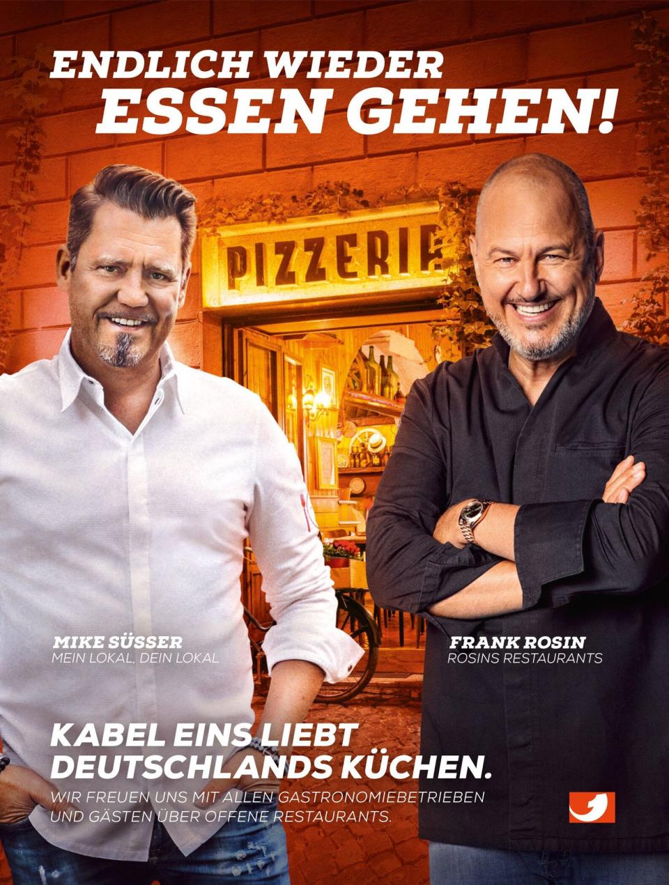 "Endlich wieder essen gehen!" - Frank Rosin und Mike Süsser unterstützen in einer bundesweiten Kabel Eins-Kampagne die wieder öffnende Gastronomie. (Bild: Kabel Eins)