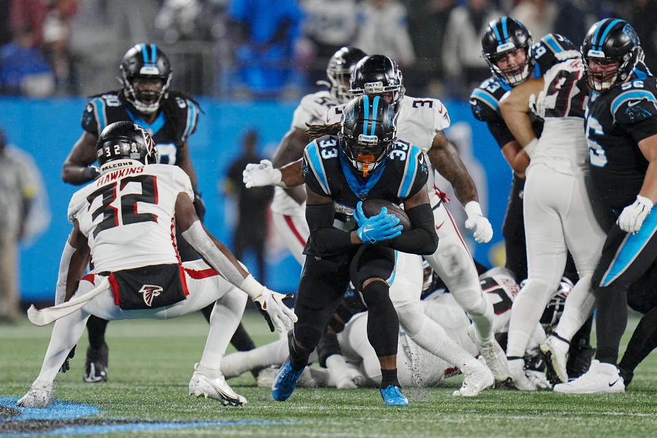 Carolina Panthers running back D'Onta Foreman runs against the Atlanta Falcons during the first half of an NFL football game on Thursday, Nov. 10, 2022, in Charlotte, N.C. (AP Photo/Rusty Jones)