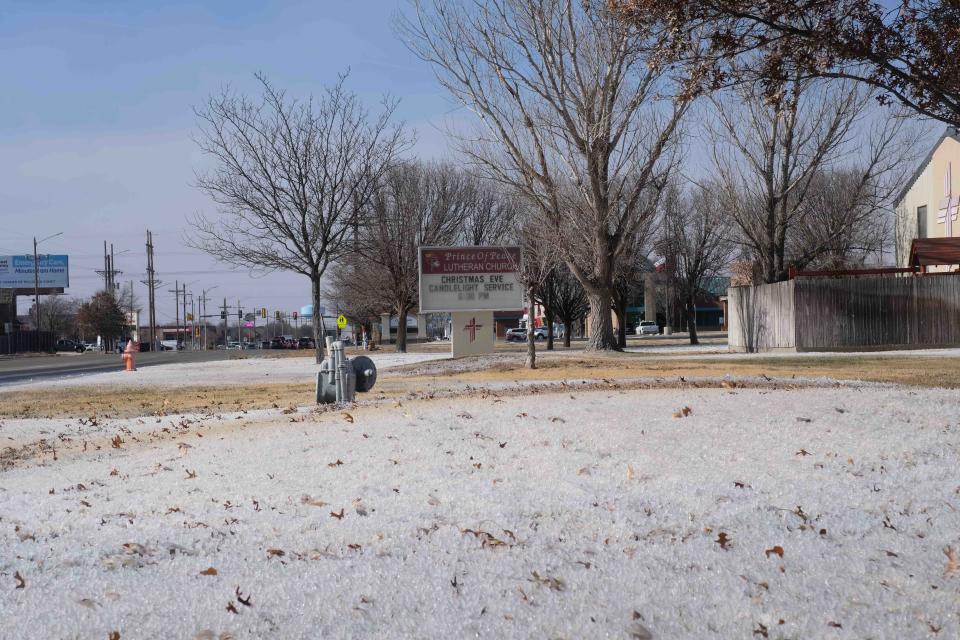 The frozen ground at a church off of Hillside Road in Amarillo during Thursday's cold winds and near-zero temperatures.