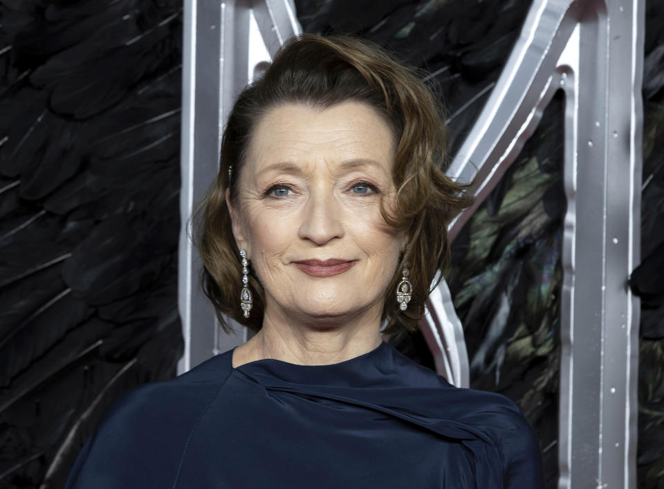 FILE - Actress Lesley Manville appears at the premiere of the film "Maleficent Mistress of Evil" in London on Oct. 9, 2019. Manville currently stars in the film "Let Him Go" with Kevin Costner and Diane Lane. (Photo by Grant Pollard/Invision/AP, File)