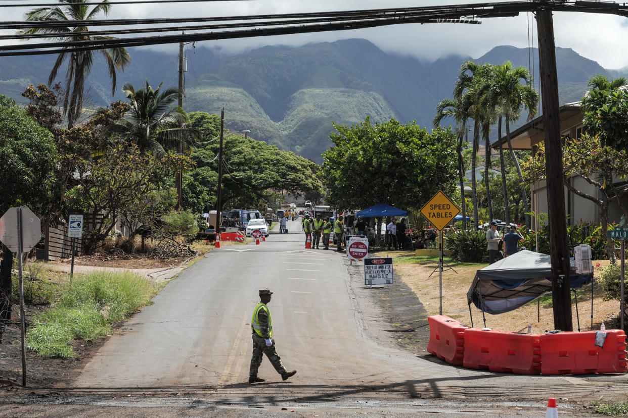Members of the Hawaii National Guard at the checkpoint on Kaniau Road on Sept. 25, 2023, in Lahaina, Hawaii. (Josiah Patterson for NBC News)