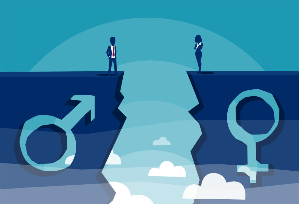 Gender gap and equality or inequality concept. Vector of a male and female sign shaped into stone cliff and businessman with businesswoman looking at each other from different sides