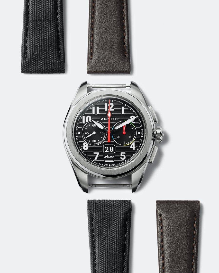 ZENITH 全新Pilot飛行錶，面盤採用類似RIMOWA行李箱的溝槽式條紋設計，在低調簡潔的飛行錶面盤上增加視覺變化，並可自行更換錶帶。